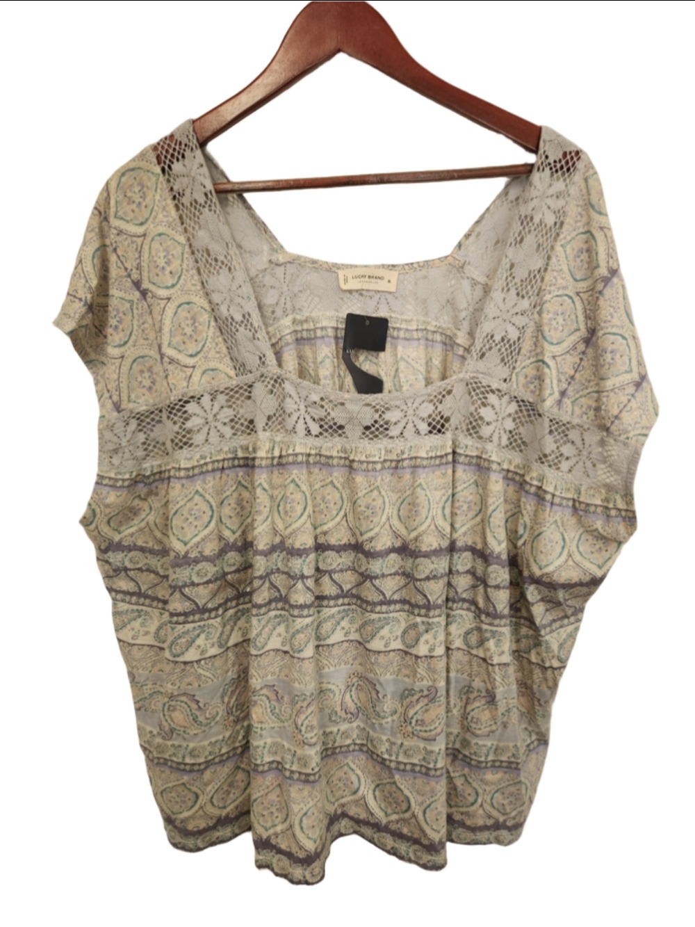 Lucky Brand Blouse XL Beige Blue Paisley Lace Trim